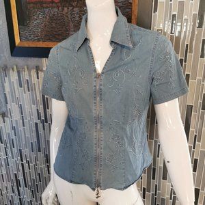 Lafei Nier Denim Style Short Sleeve Zip Up Womens Size Medium